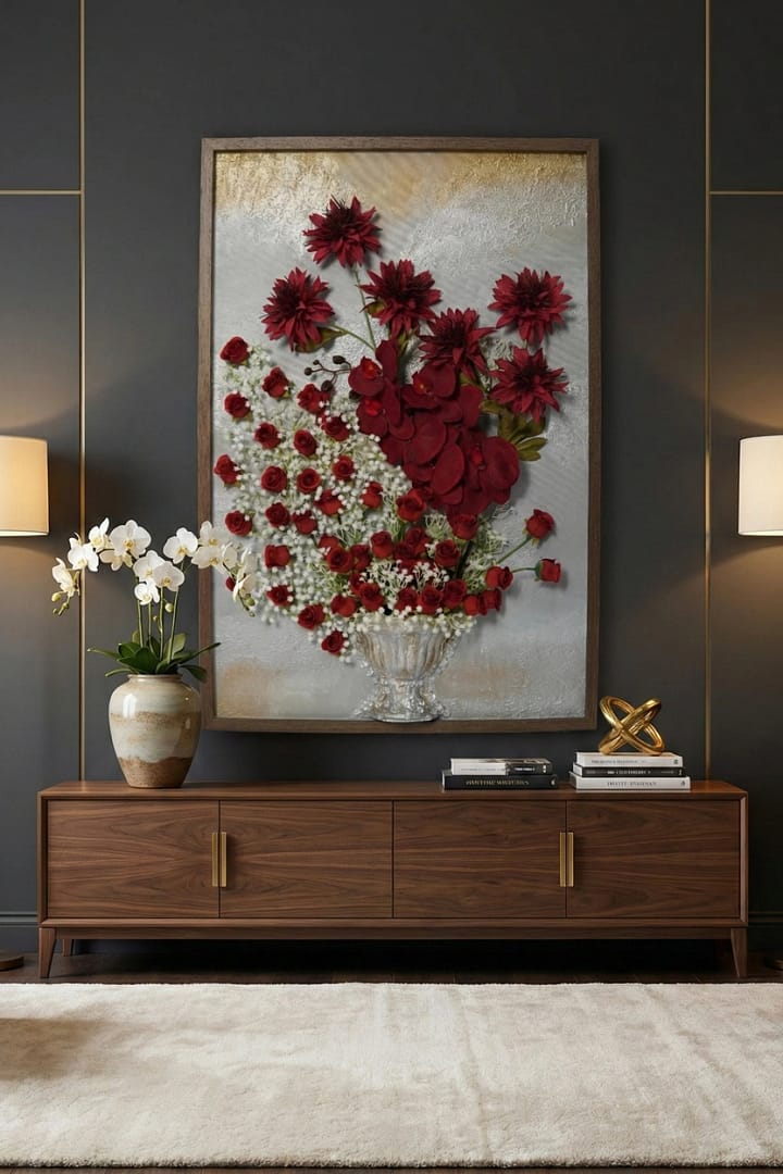 The Cascading Crimson Heart: Hand-Sculpted 3D High-Relief Floral Art (24x36") - Image 3